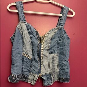 Patchwork Denim Zip-Front Crop Top